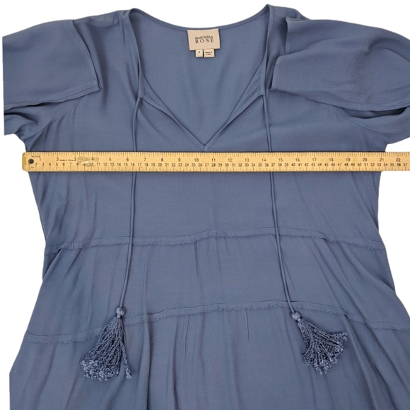 Marchesa Rose Tie Neck Boho Ruffle Blouse S Blue V Neck Long Sleeve - Picture 6 of 11